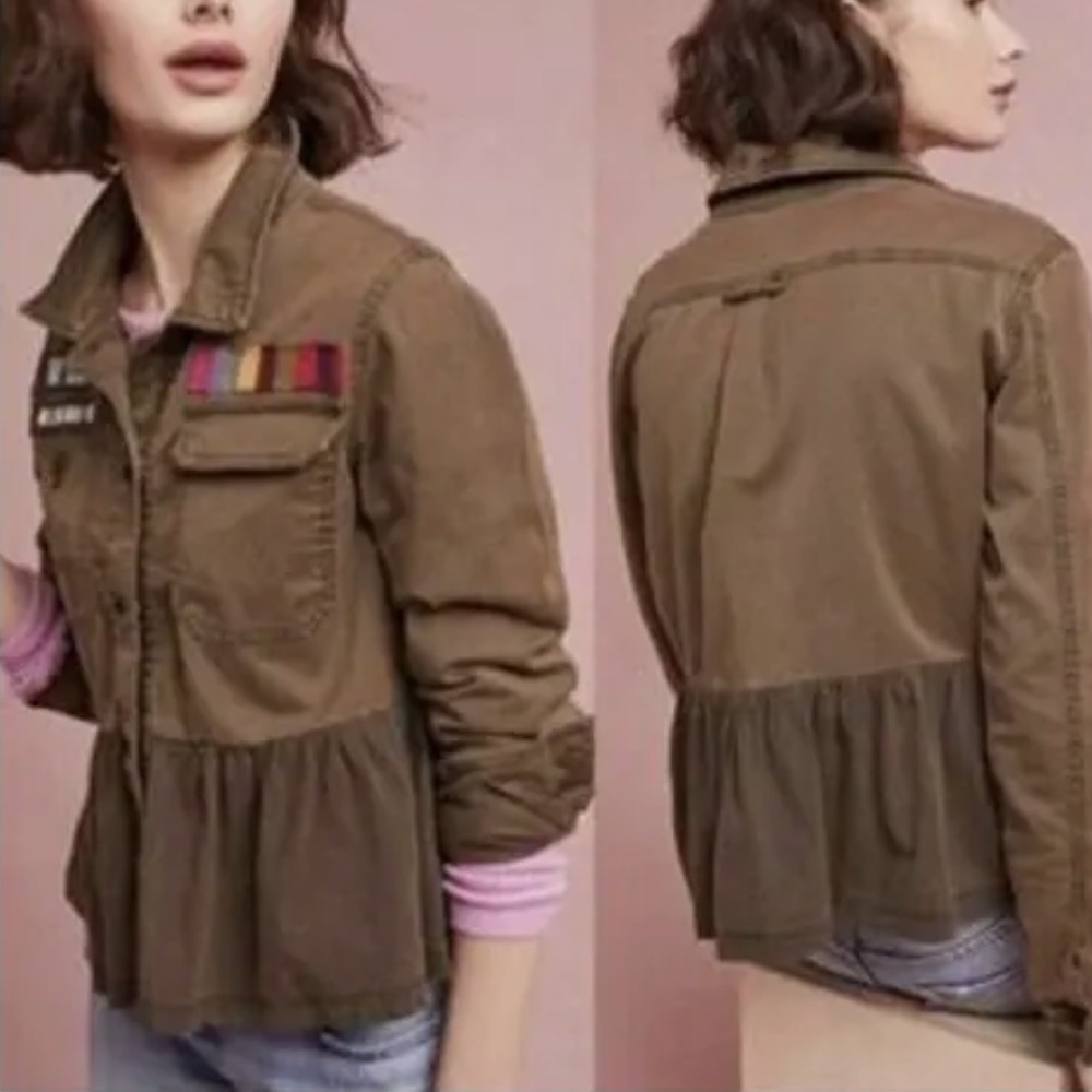Anthropologie Jacket Size S Army Green Beaded Button Front Patch Pockets